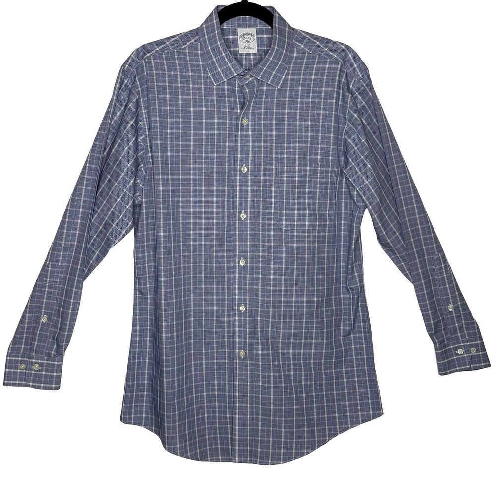 Brooks Brothers Dress Shirt 346 Non-Iron Slim Fit Blue Plaid Check Size 15 1/2 - Picture 2 of 8